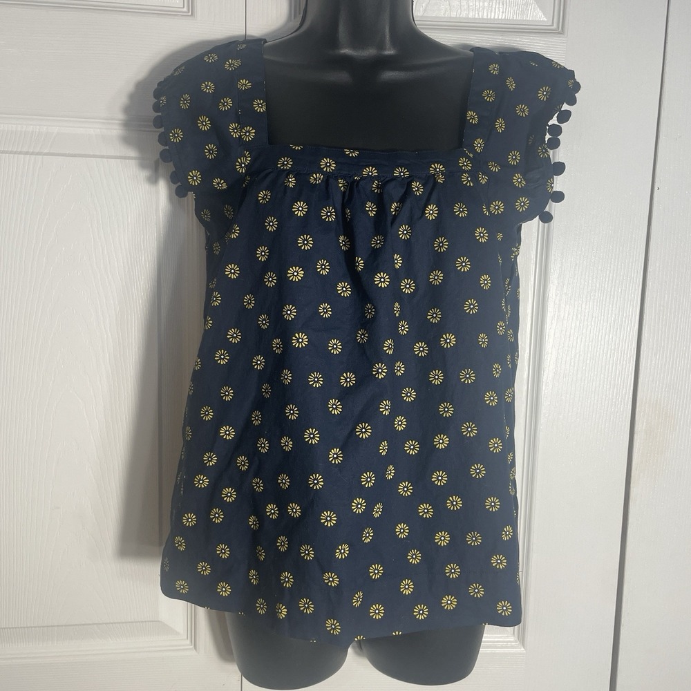 J Crew Factory Floral Sleeveless Shirt Women 0 Blue Sunflowers Pom Pom Trim Top